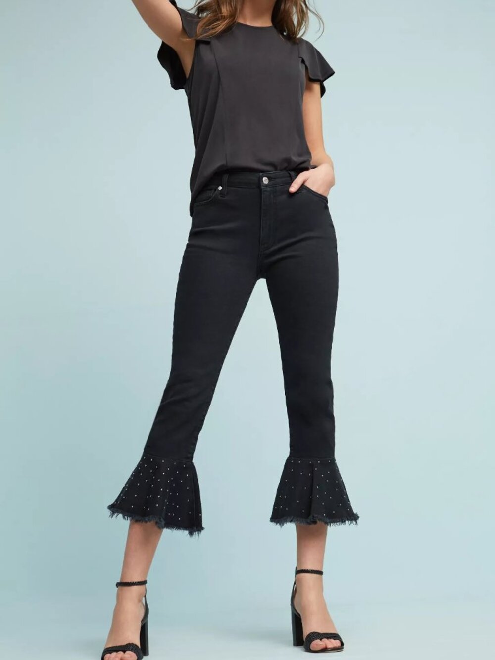 Anthropologie Pilcro Embellished High-Rise Slim Flare Flounced Black Jeans 29